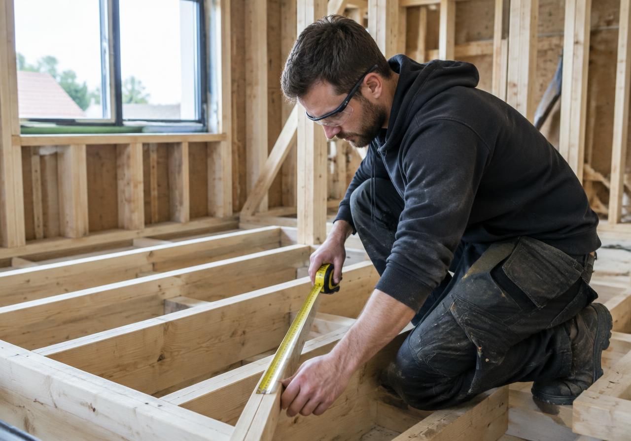 Joiner measuring timber floor joists inside a new-build house