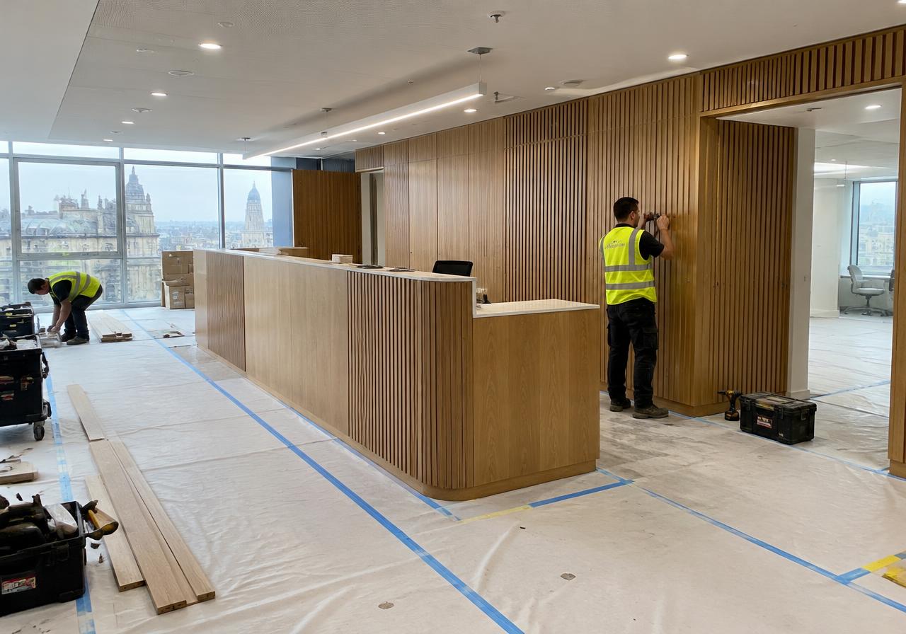 Office fit-out with timber panelling and counter