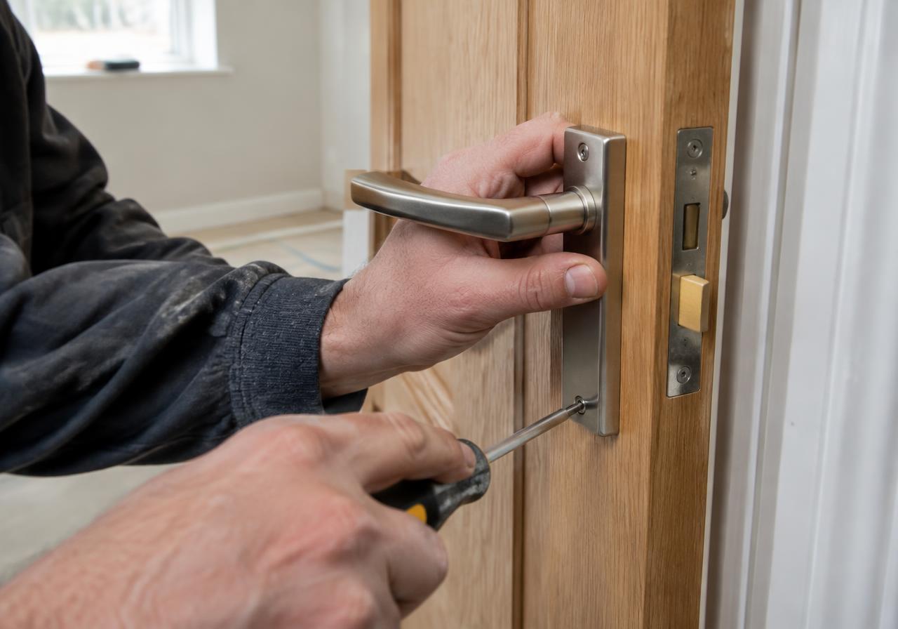 Lever handle being fitted to an oak internal door