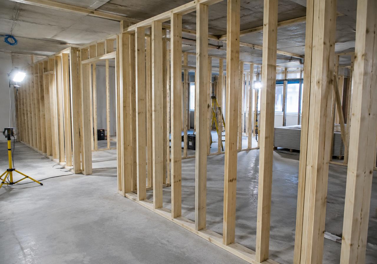 Rows of timber stud partitions inside a building under construction