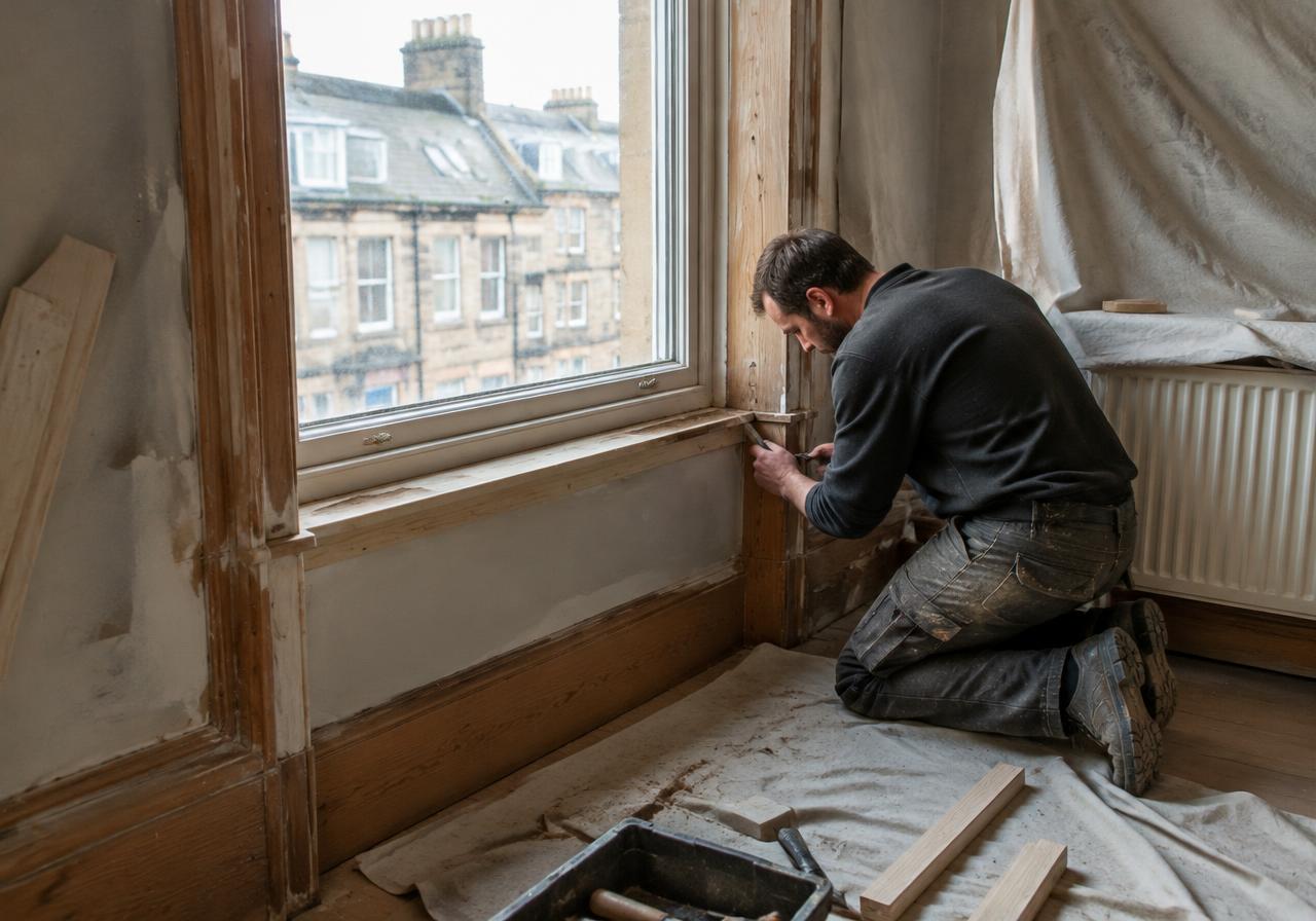 Joiner repairing a timber window in a refurbished sandstone tenement
