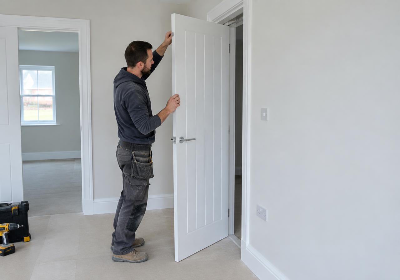 Internal door being hung in a new home