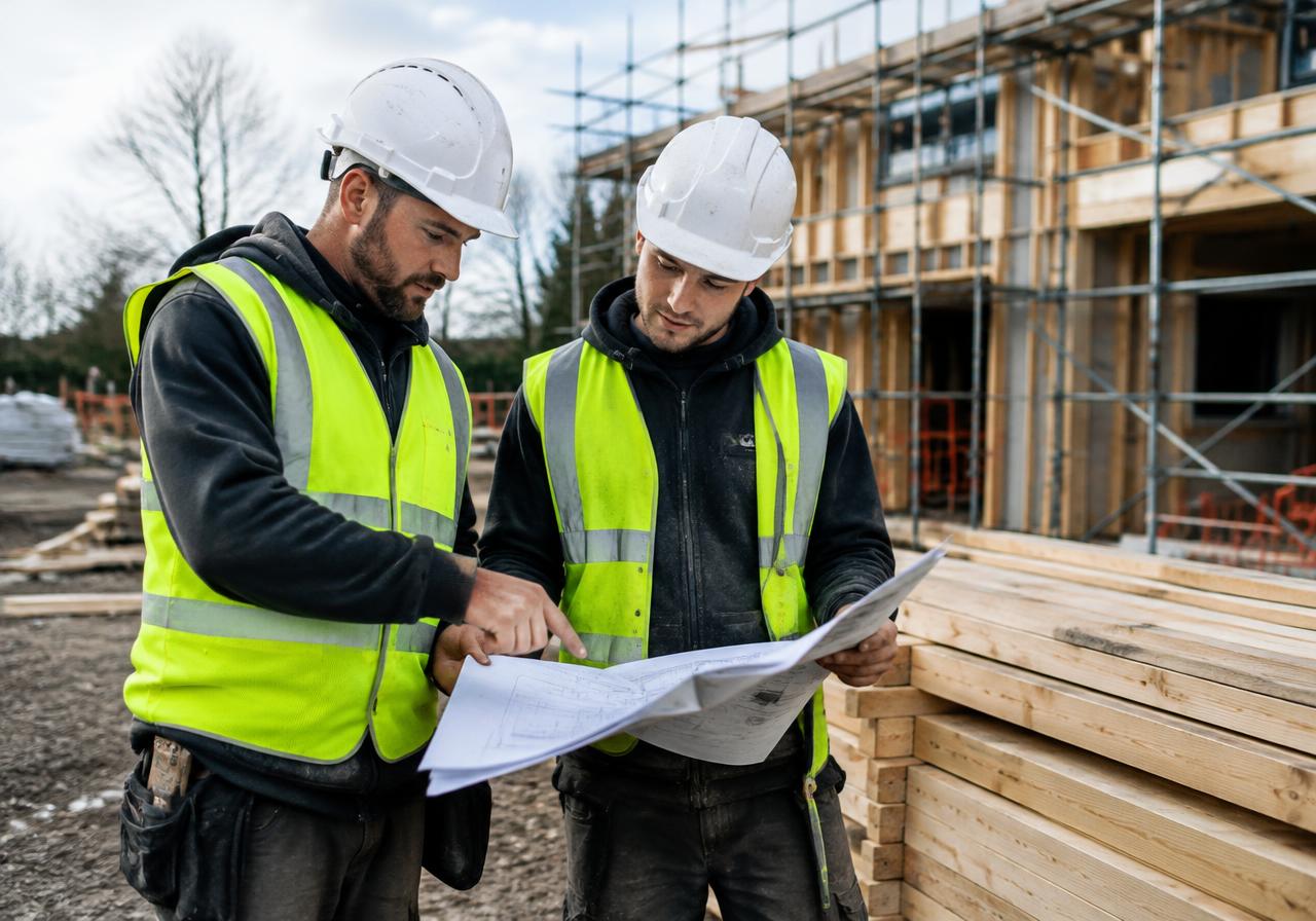Two joiners in hi-vis reviewing drawings on a building site